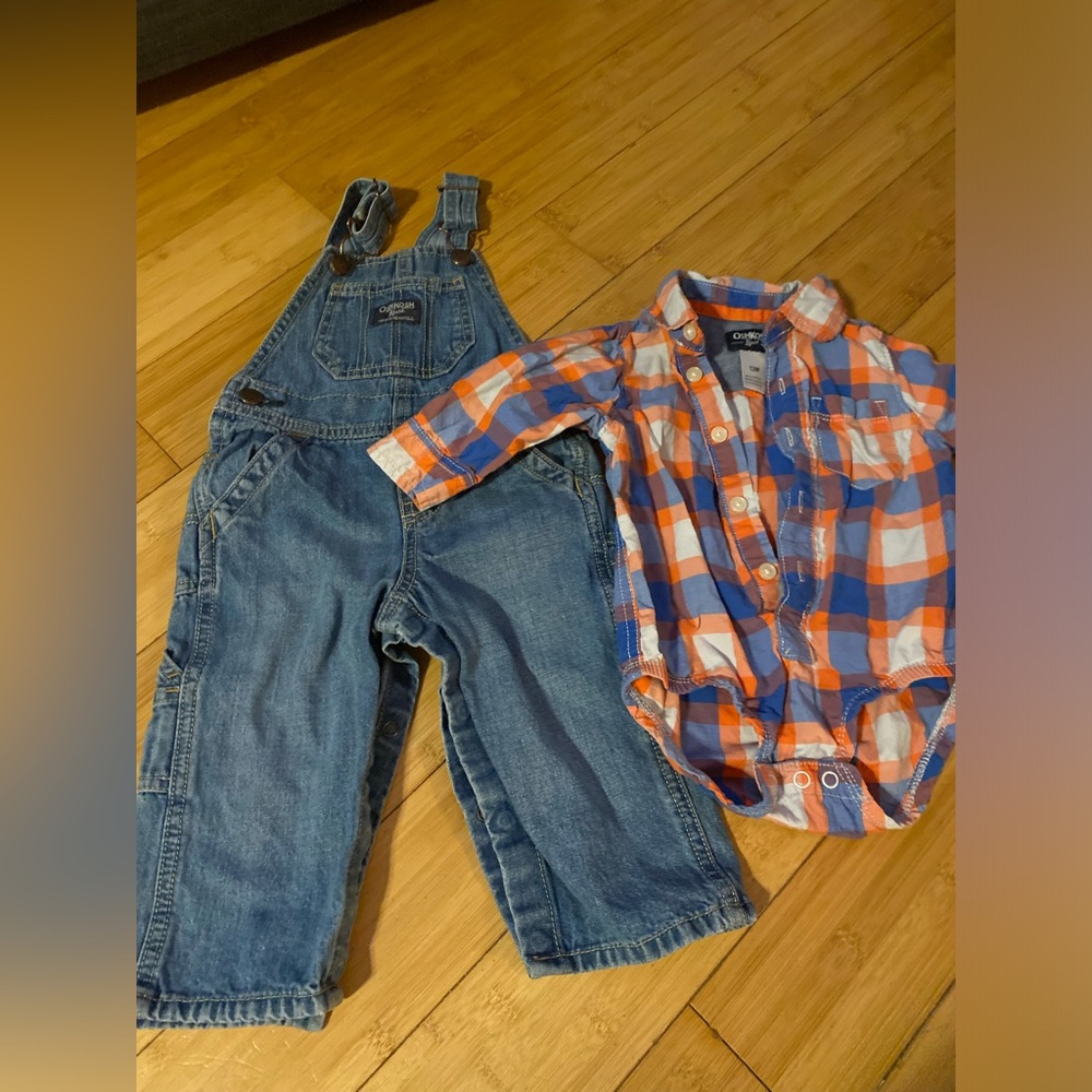 OshKosh B’gosh overalls and onesie. 2 items included. Size 12M.